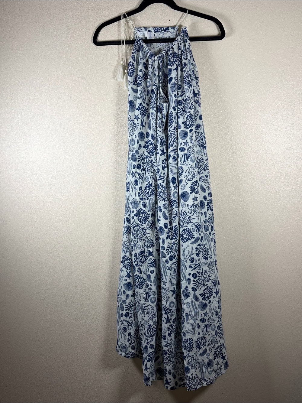 Sigrid Olsen Blue & White Botanical Print Maxi Halter Sun Dress Resort Wear Sz L